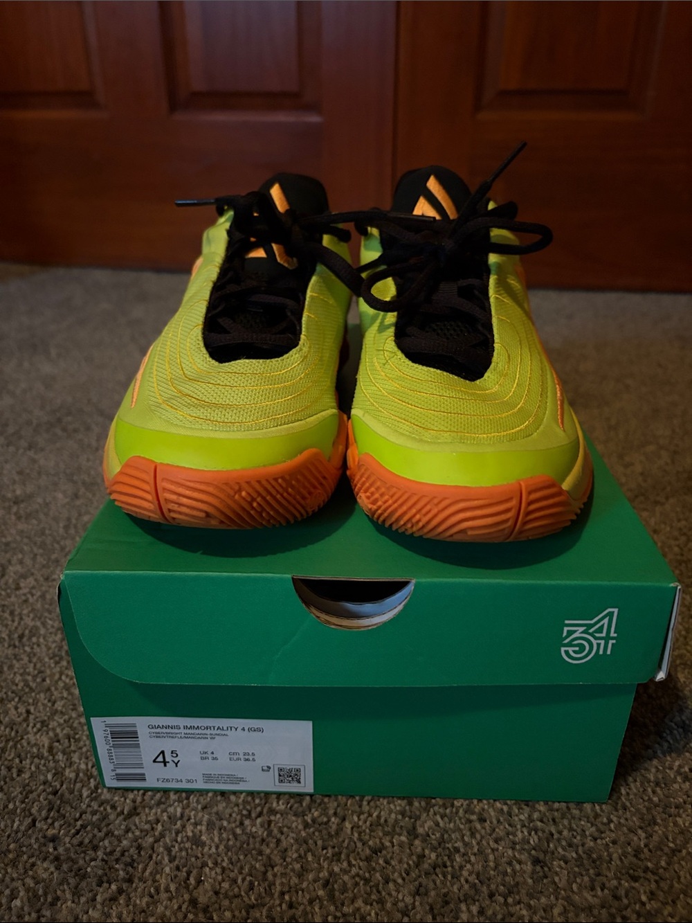 Kids Nike Giannis Neon Yellow & Orange Athletic Sneakers with Black Accents